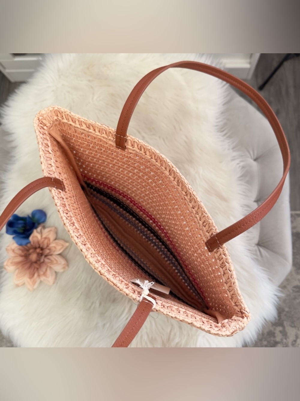 Woven Straw Tote Bag or Beach Bag Tan Pink and Blues Sz MED NEW! - Picture 2 of 6